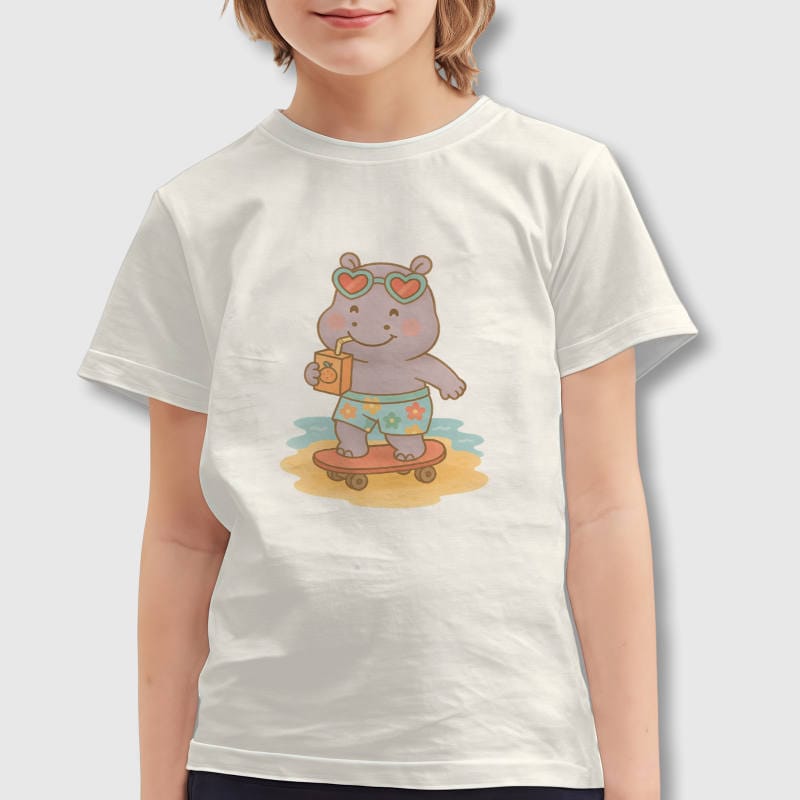 Cute Skateboarding Hippo Kids T-Shirt for Summer Daily Wear