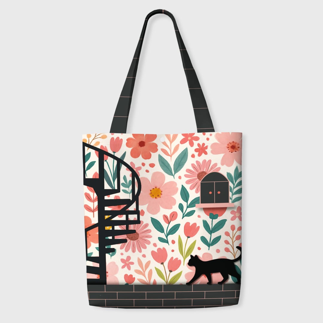Floral Black Cat Canvas Tote Bag for Cat Lovers Daily Use & Gifts - 1