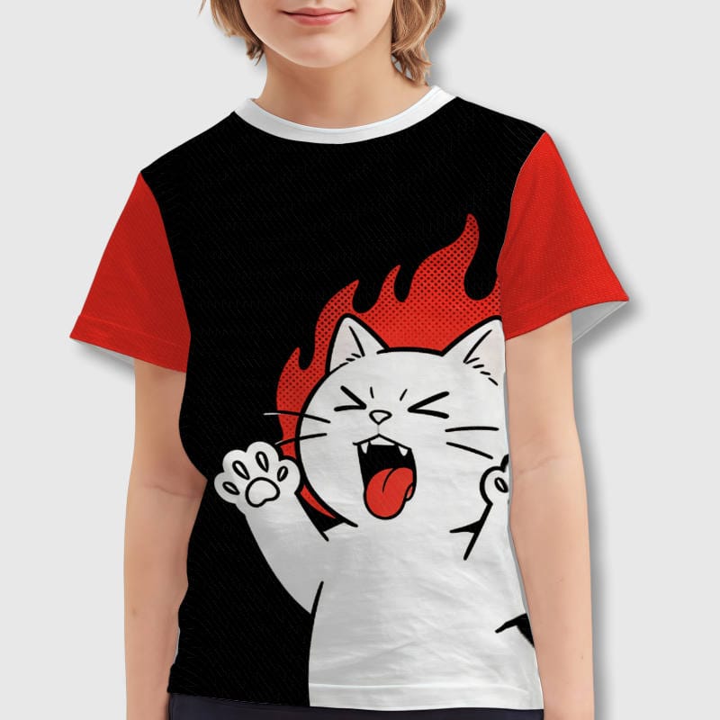 Funny Fire Cat Kids Short Sleeve T-Shirt for Pet Lover Gifts