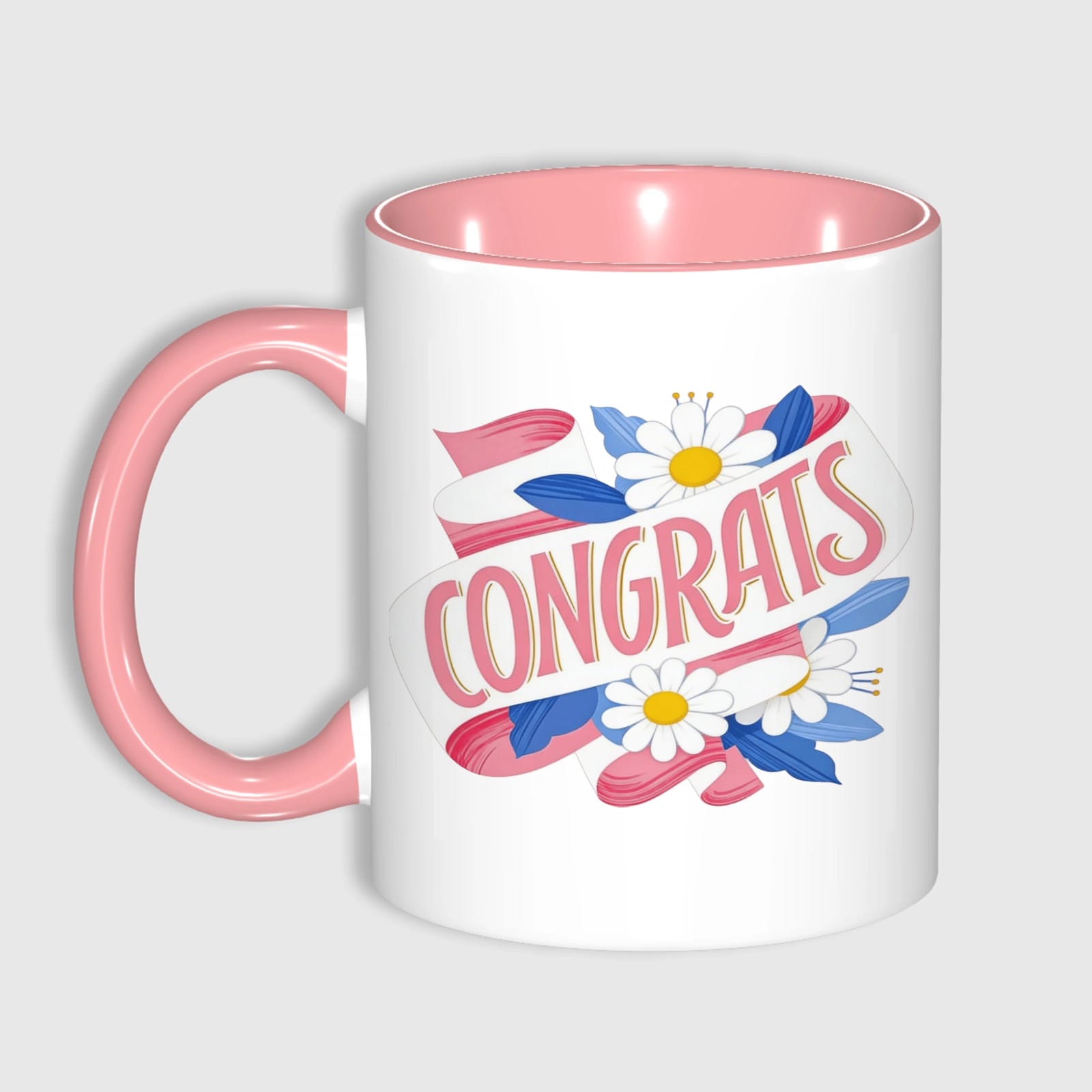 Floral Congrats Ribbon 11oz Pink Accent Mug for Graduation Gifts