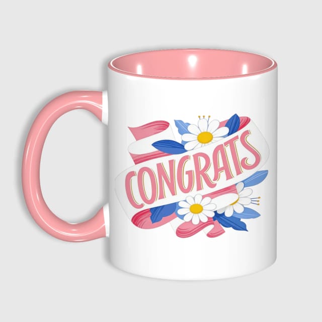 Floral Congrats Ribbon 11oz Pink Accent Mug for Graduation Gifts