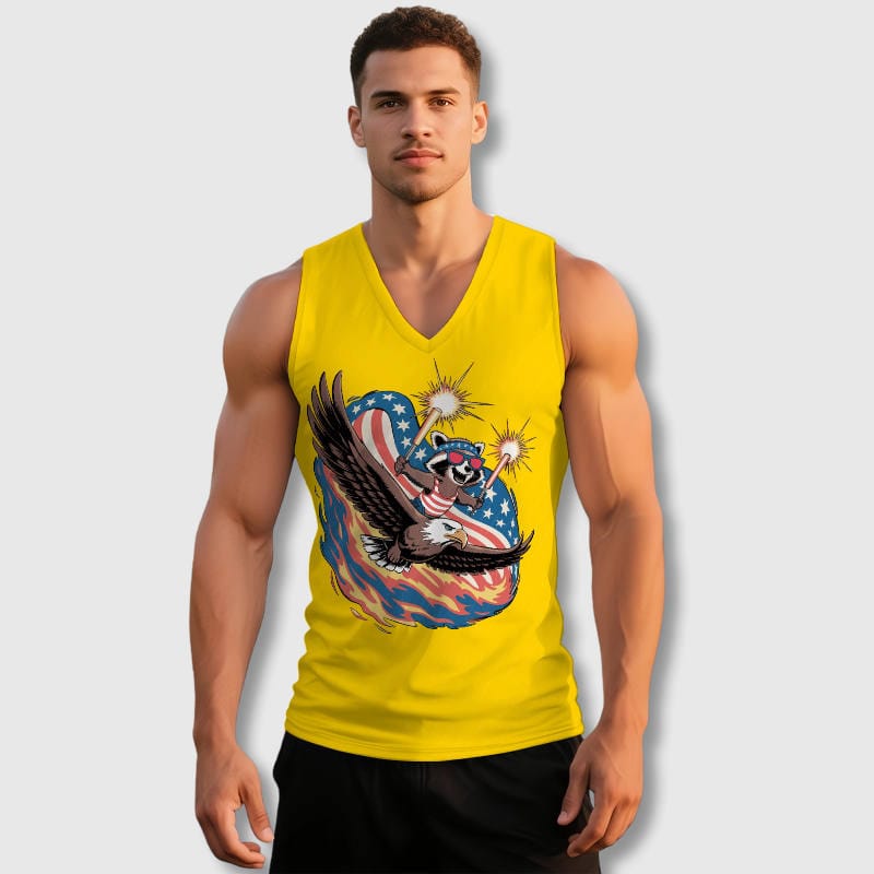 Patriotic Raccoon Eagle V-Neck Tank Top for Men Gym Summer Wear