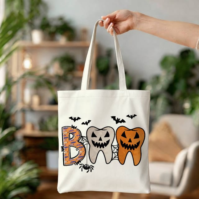 Halloween Boo Tooth Canvas Tote Bag for Dentists Gift