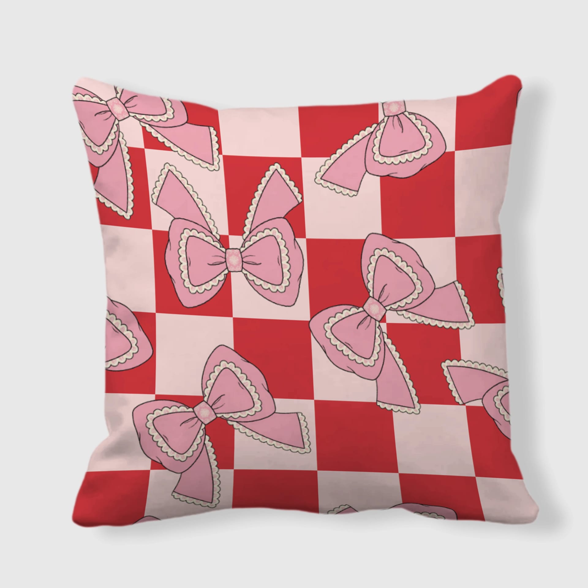 Pink Lace Bow Checkered Throw Pillow for Valentine's Day Gift