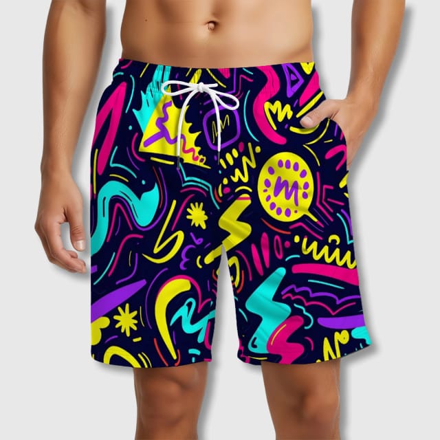 90s Neon Graffiti Beach Shorts for Men Summer Casual Wear