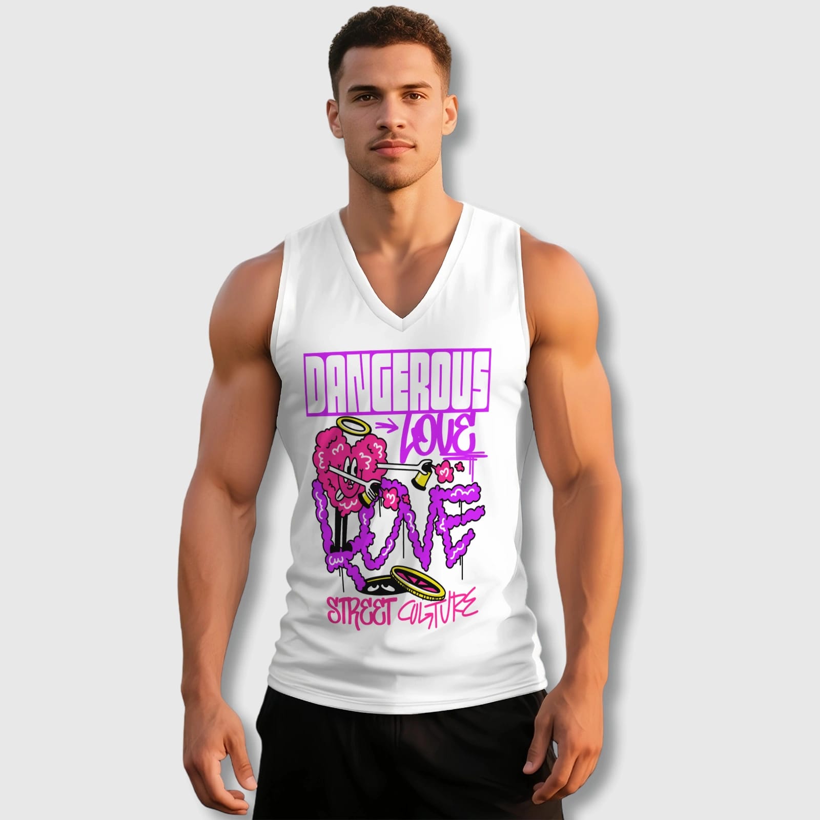 Dangerous Love Graffiti V-Neck Tank Top for Gym Men Summer Wear