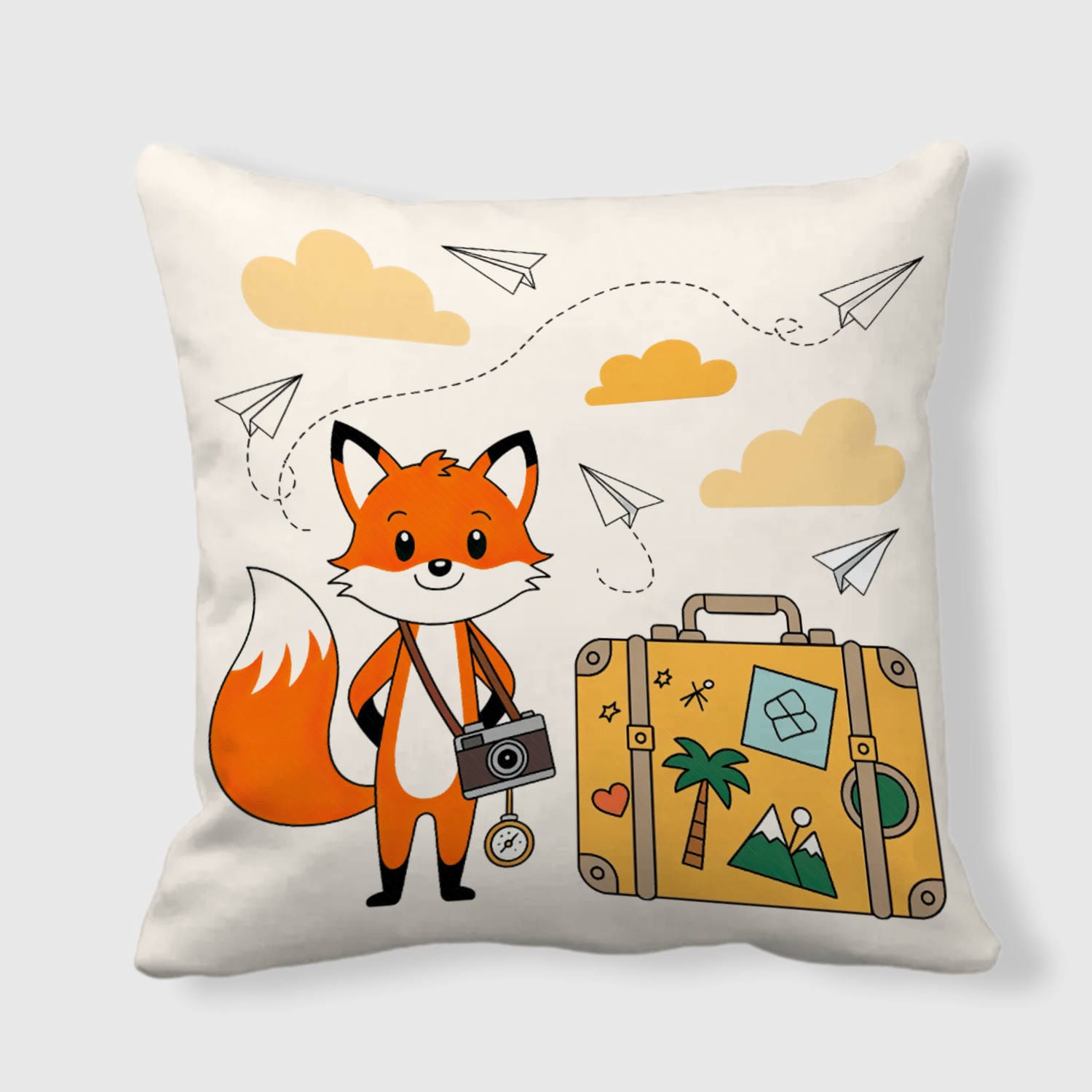 Cute Travel Fox Throw Pillow for Fox Lovers Home Decor Gift