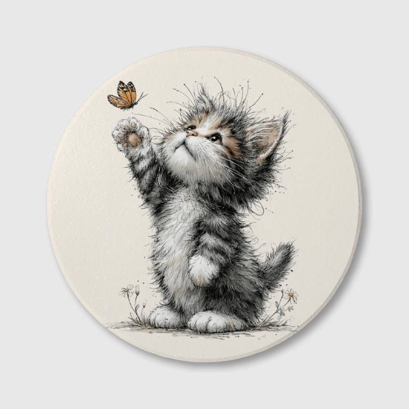 Fluffy Cat Butterfly Ceramic Coaster for Pet Lovers
