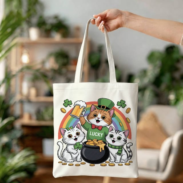 St. Patrick's Day Cute Cat Canvas Tote Bag for Cat Lovers Holiday Shopping and Gifting