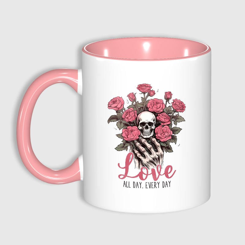 Skull Rose Pink Accent Mug for Gothic Lover Valentine Gift