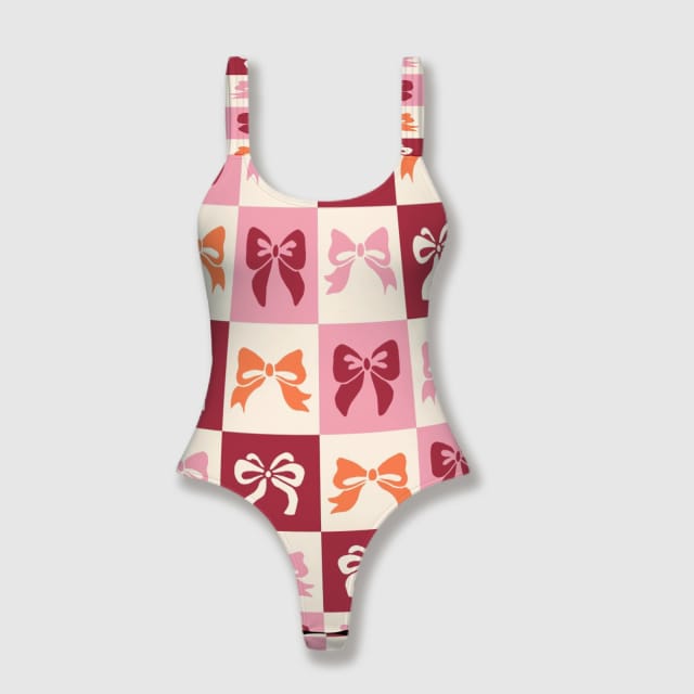 Pink Bow Checkered Thong Swimsuit for Women Beach Vacation