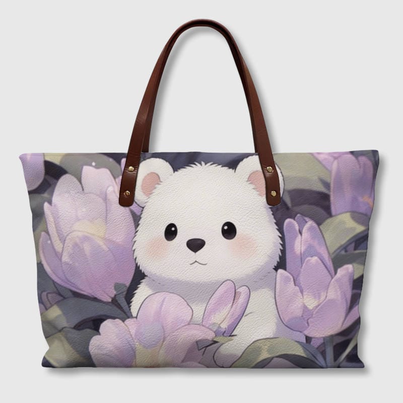 Cute White Bear Floral Tote Bag for Animal Lovers Gift - 1