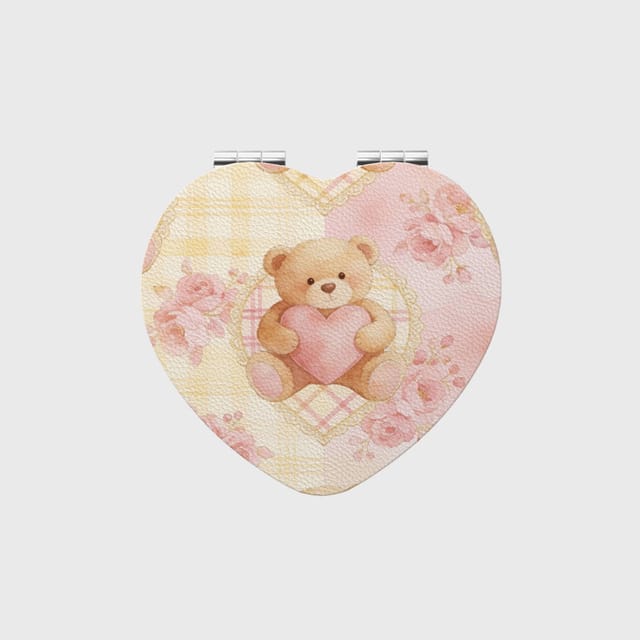 Vintage Floral Teddy Bear Compact Pocket Mirror for Valentine Gifts
