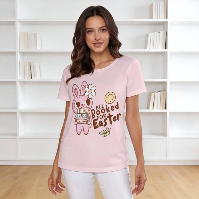 Cute Book Bunny Print T-Shirt for Women Easter Gift