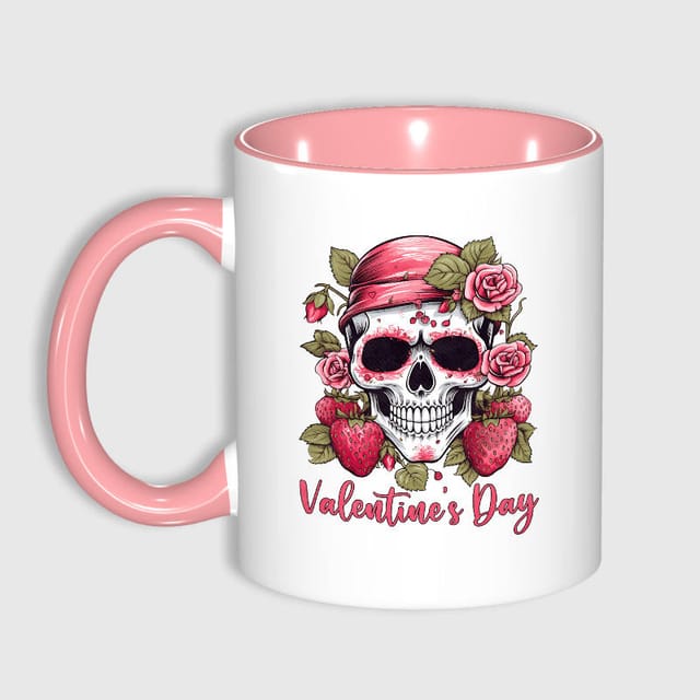 Floral Strawberry Skull Pink Mug for Gothic Valentine Gift