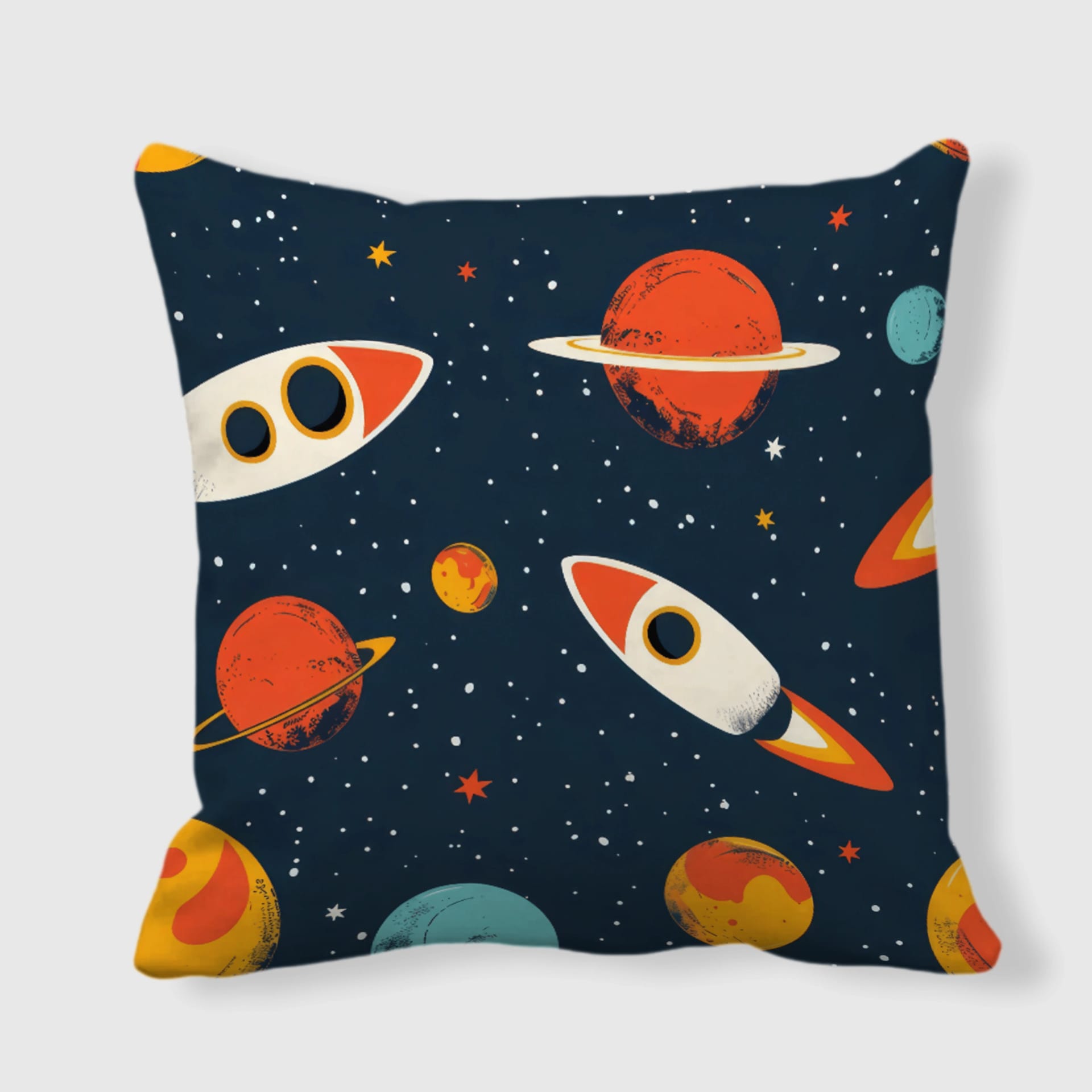 Retro Space Rocket Planet Throw Pillow for Space Fans Home Decor