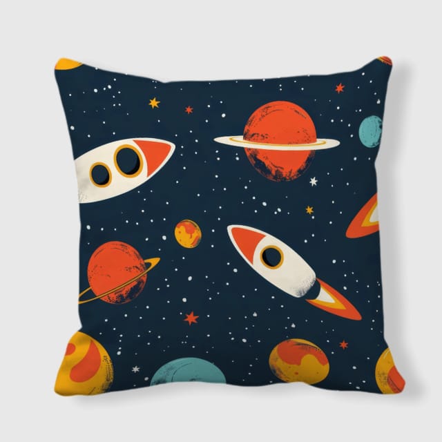 Retro Space Rocket Planet Throw Pillow for Space Fans Home Decor
