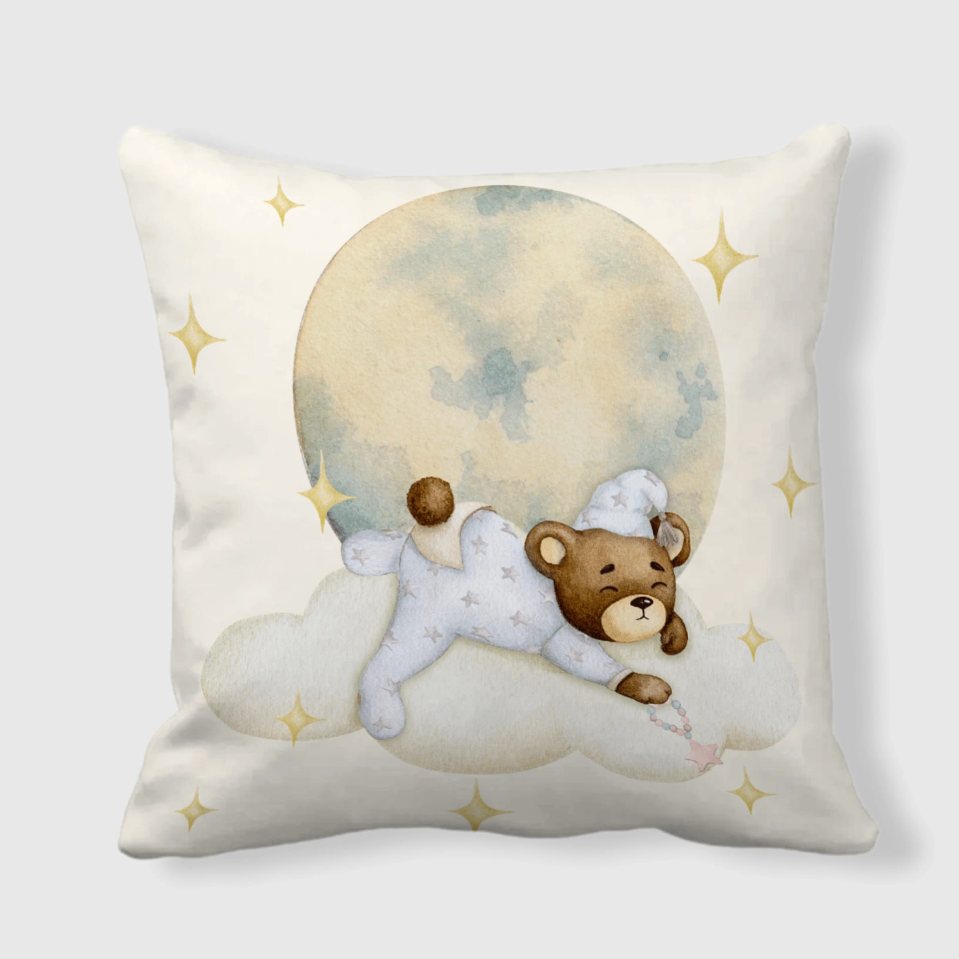 Sleeping Teddy Bear Moon Throw Pillow for Nursery Baby Gift