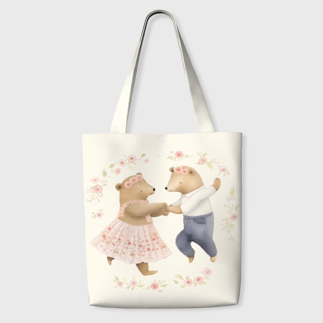 Dancing Floral Bear Canvas Tote Bag for Valentine's Gift