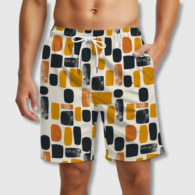 Mid-Century Geometric Print Swim Trunks for Men Summer Use