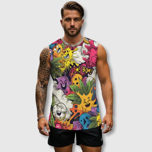 Graffiti Cartoon Print Tank Top for Men Gym & Summer Wear