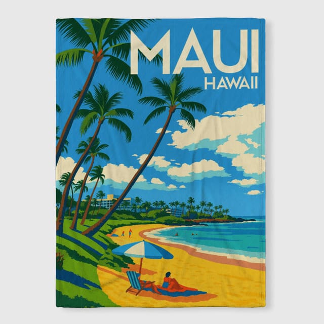 Retro Maui Beach Fleece Blanket for Travelers Summer Gift