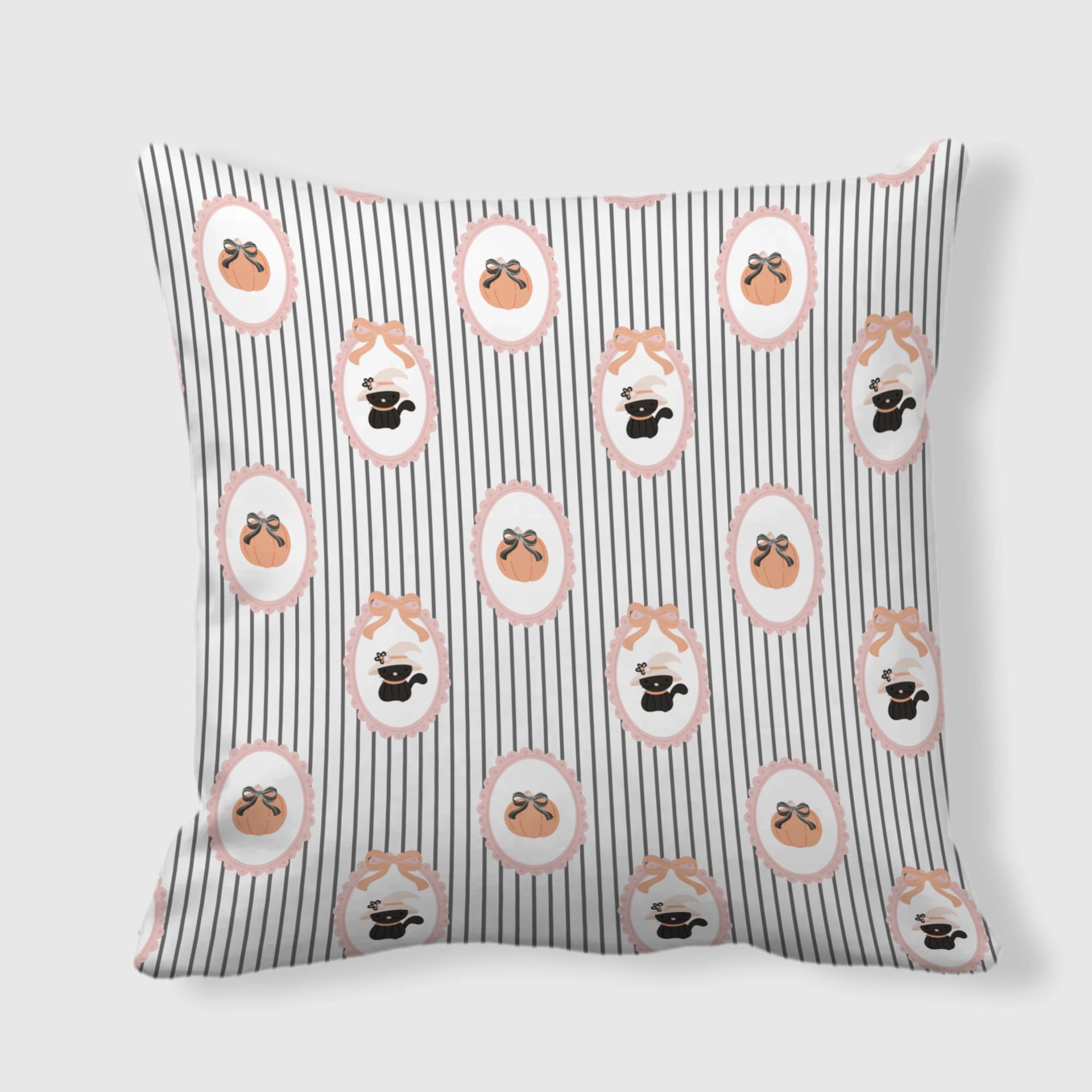 Coquette Black Cat Pumpkin Halloween Throw Pillow for Cat Lovers
