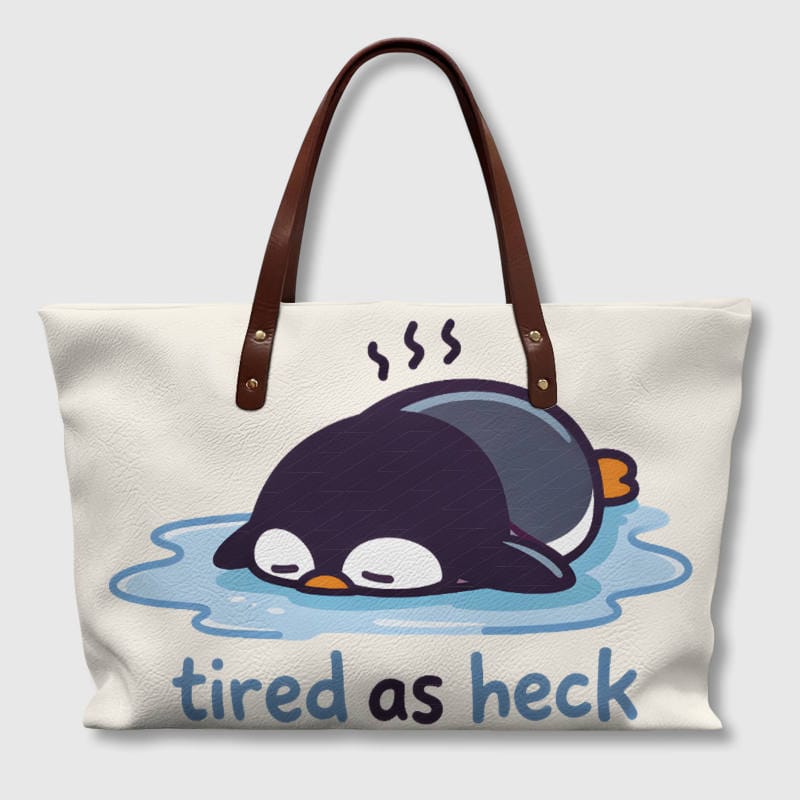 Funny Tired Penguin PU Leather Tote Bag for Daily Use Gift