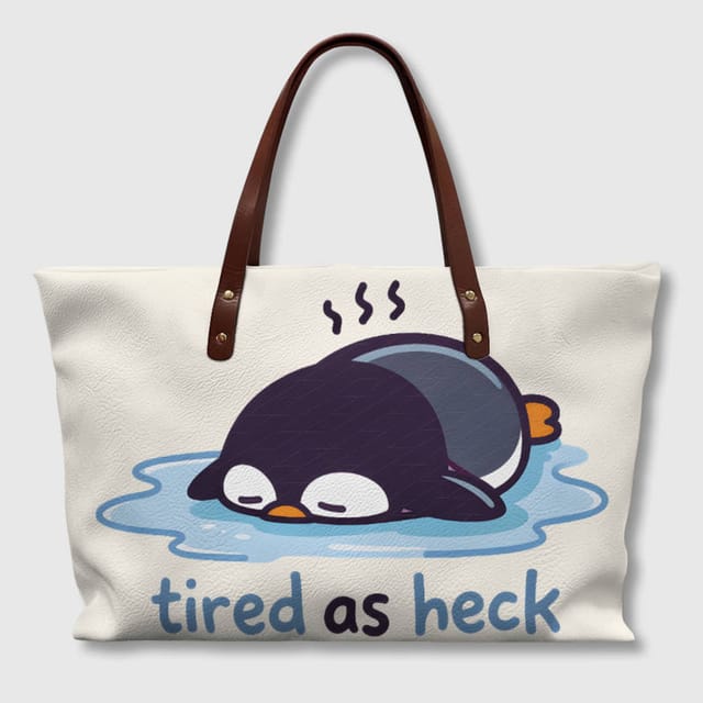 Funny Tired Penguin PU Leather Tote Bag for Daily Use Gift