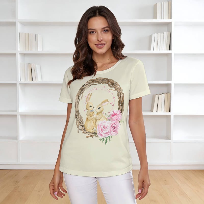Cute Bunny Floral Women's T-Shirt for Valentine Easter Daily Wear