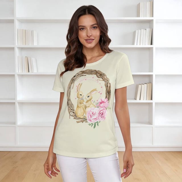 Cute Bunny Floral Women's T-Shirt for Valentine Easter Daily Wear