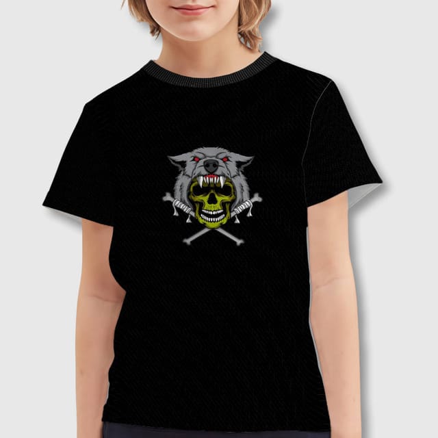 Wolf Skull Kids Short Sleeve T-Shirt for Halloween Daily Wear