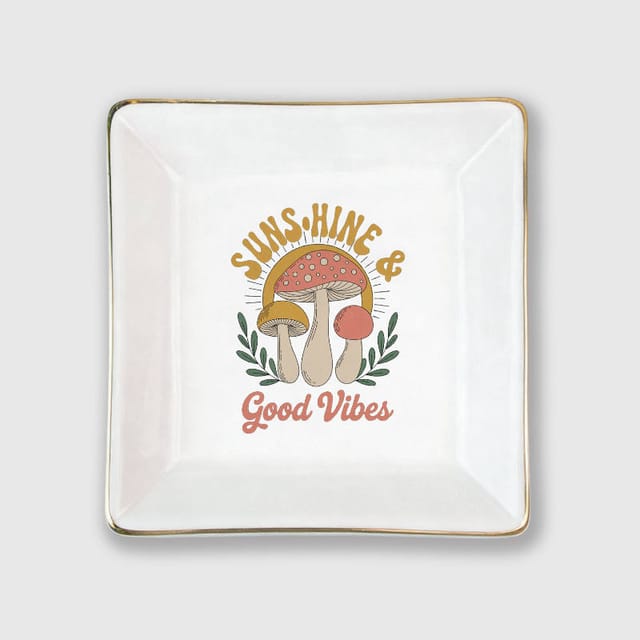 Mushroom Good Vibes Ceramic Trinket Dish for Boho Fans Daily Use