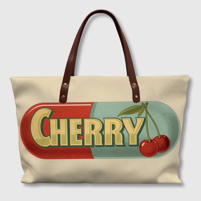 Retro Cherry Print PU Leather Tote Bag for Women Daily Use