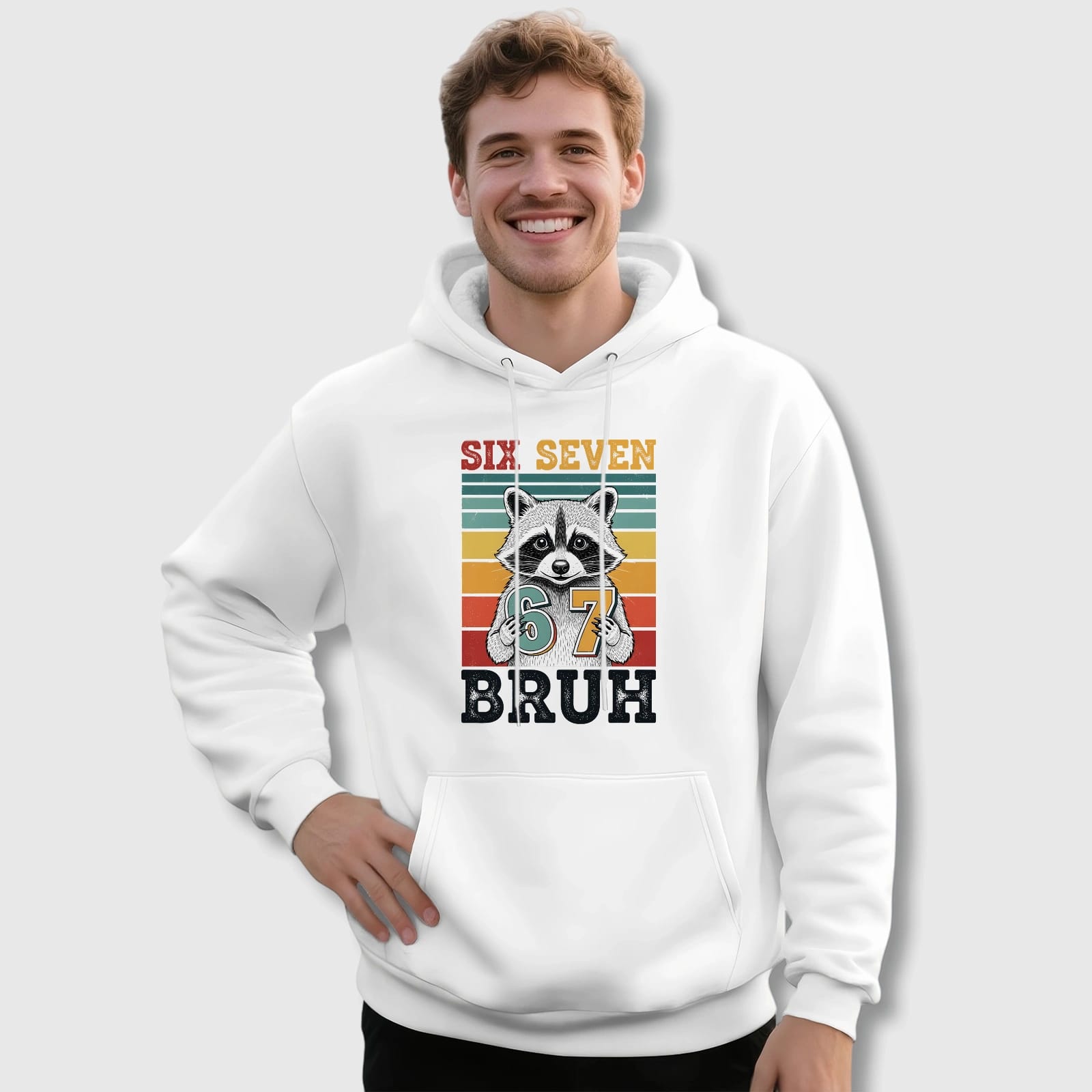 Funny Retro Raccoon 67 Bruh Pullover Hoodie for Men Birthday Gift