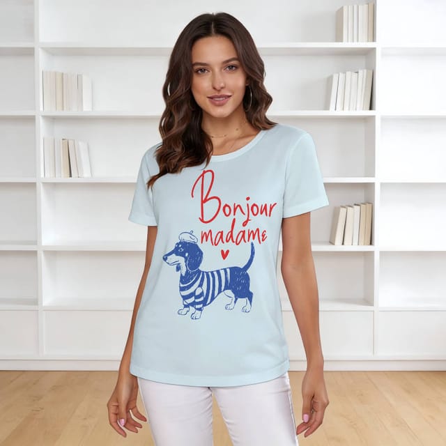 Bonjour Dachshund Print Women's T-Shirt for Pet Lovers Daily Wear