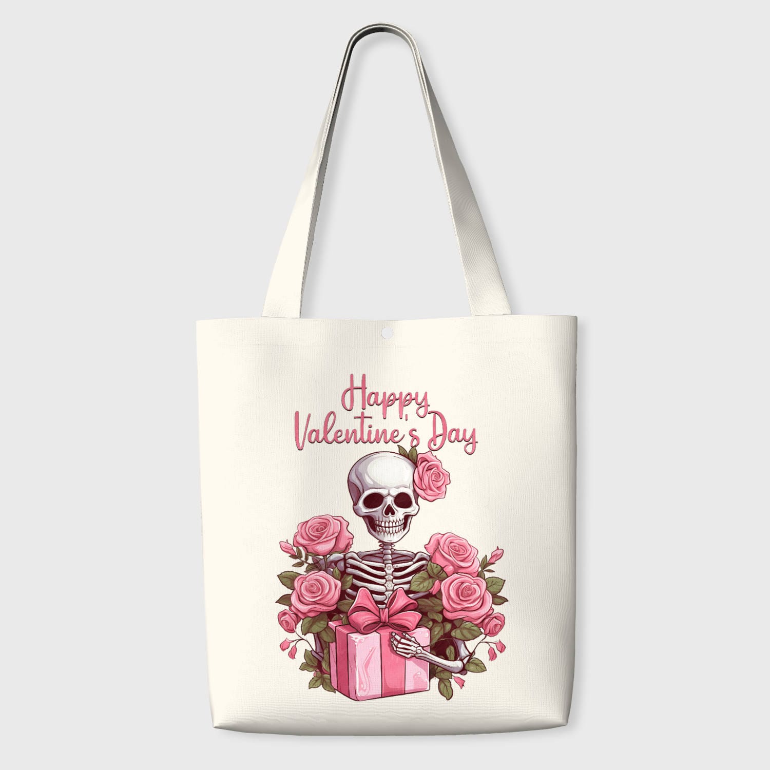 Pink Rose Skull Canvas Tote Bag for Goth Valentine Gift