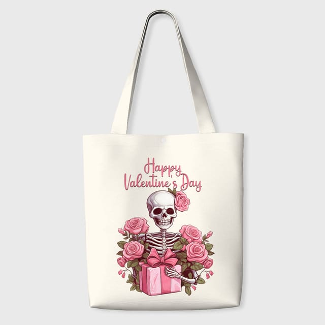 Pink Rose Skull Canvas Tote Bag for Goth Valentine Gift