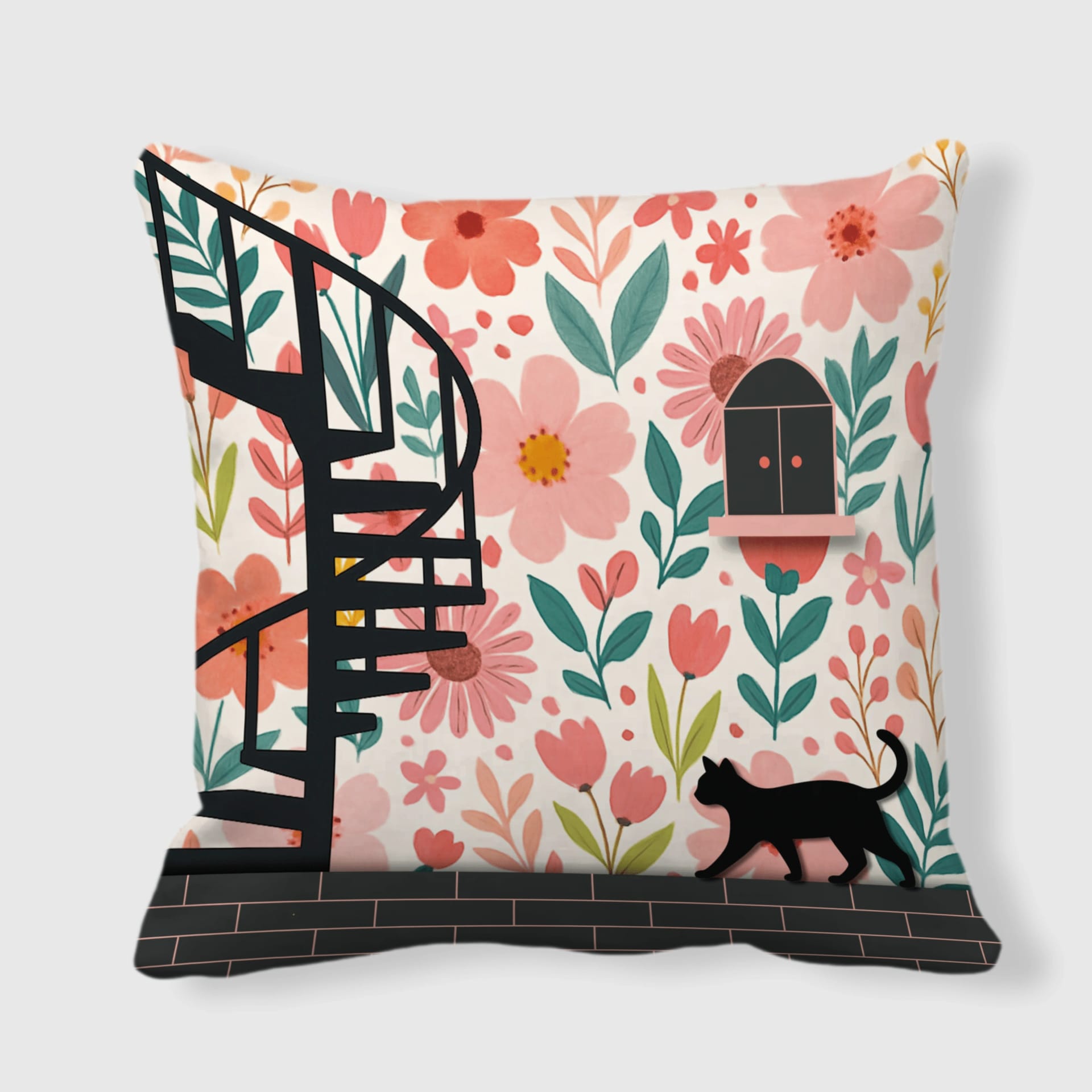 Pink Floral Black Cat Throw Pillow for Pet Lovers Home Decor