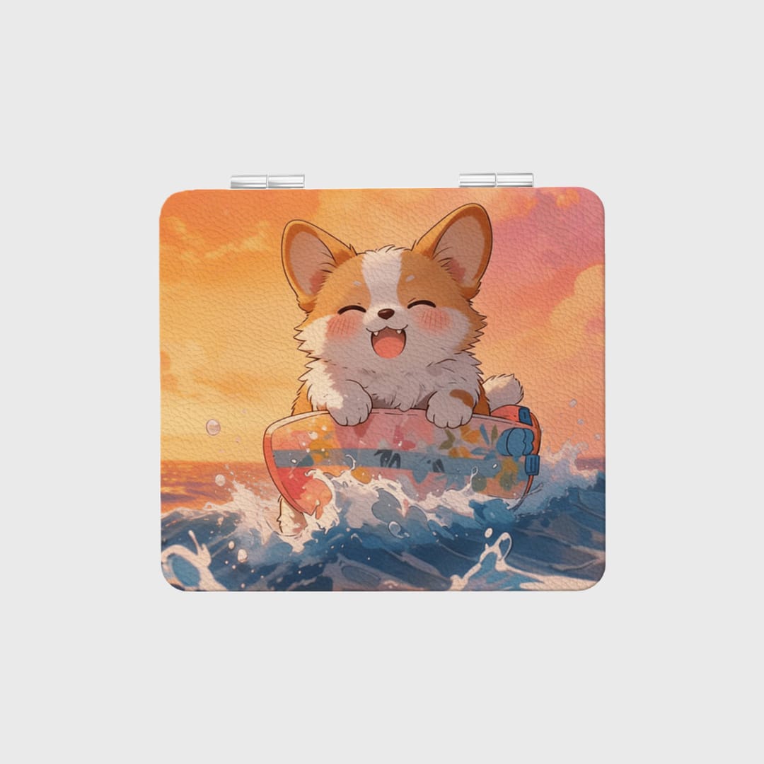 Cute Surfing Corgi Pocket Makeup Mirror for Pet Lovers Summer Gift - 1
