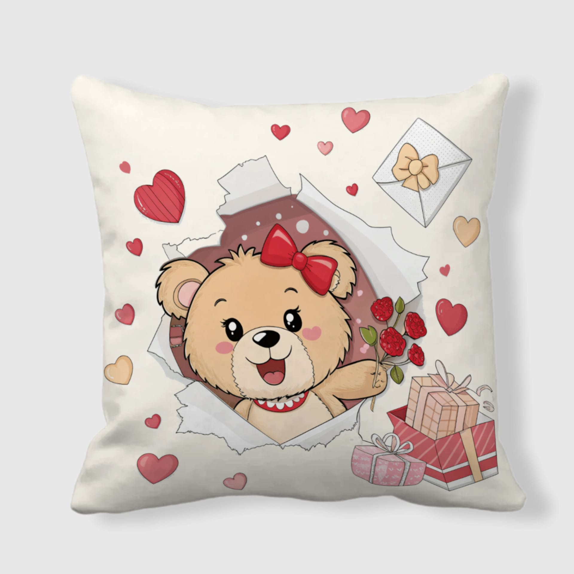 Cute Valentine Teddy Bear Square Throw Pillow for Her Gift
