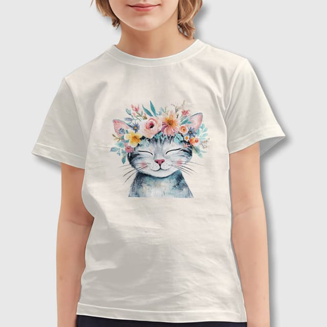 Floral Watercolor Cat Kids T-Shirt for Boys Girls Gift