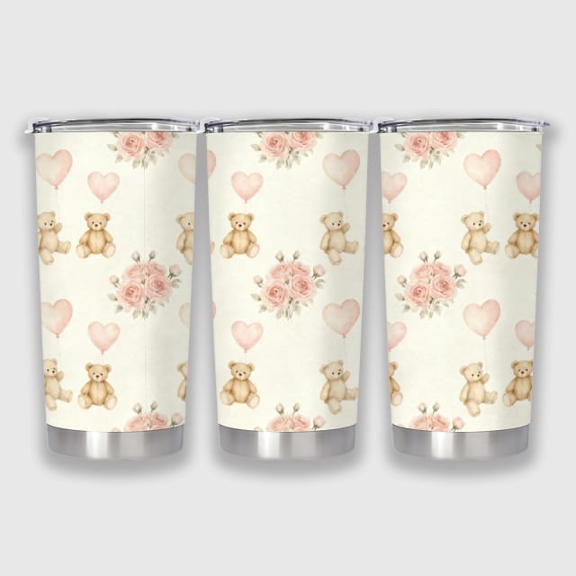 Vintage Teddy Bear Rose Insulated Tumbler for Her Valentine Gift