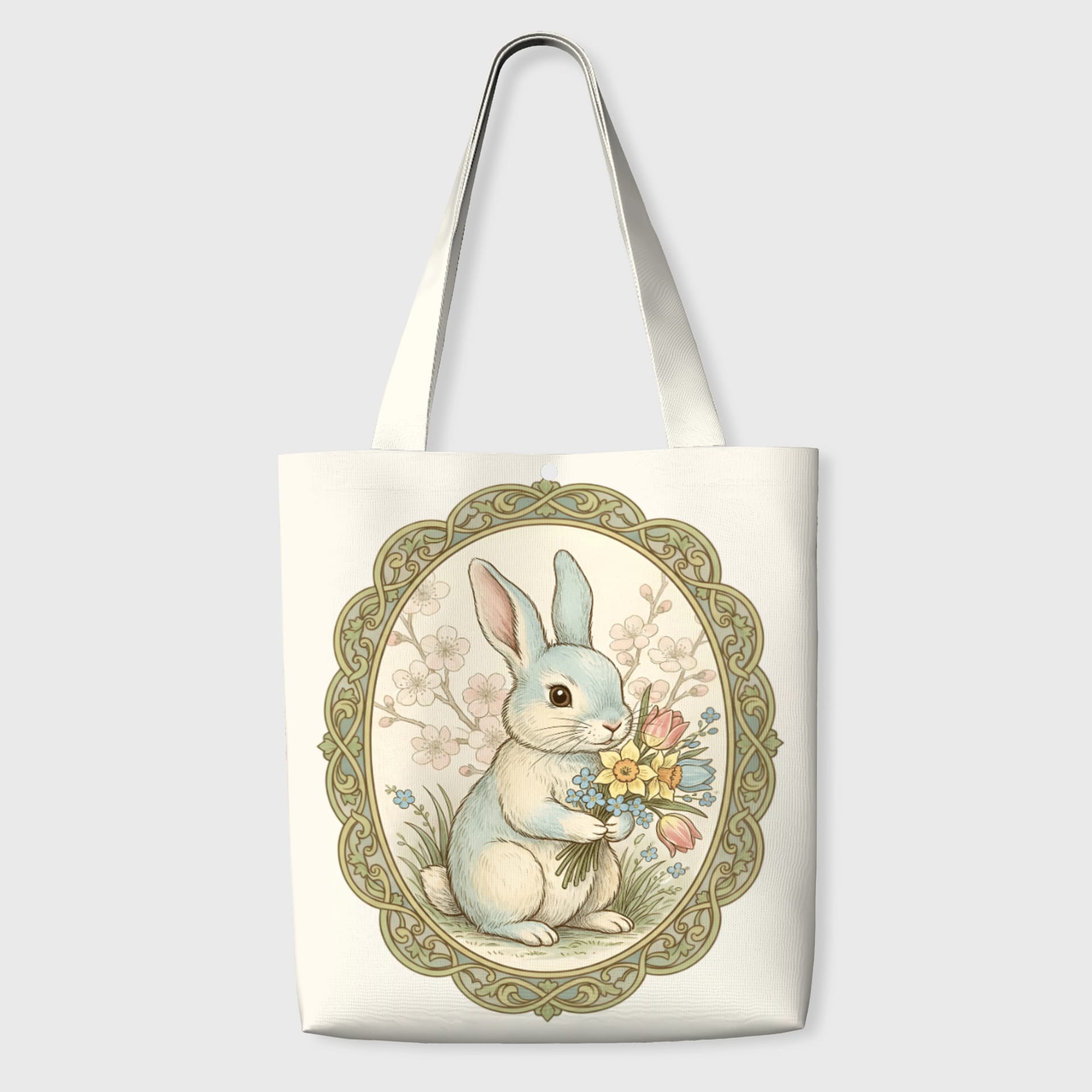 Vintage Floral Bunny Tote Bag for Rabbit Lovers Daily Use