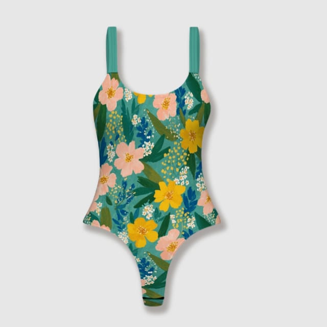 Vintage Floral Thong One Piece Swimsuit for Women Summer Beach