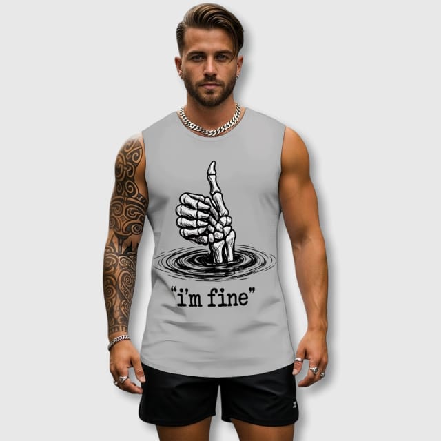 Funny 'I'm Fine' Skeleton Workout Tank Top for Men Summer Gym