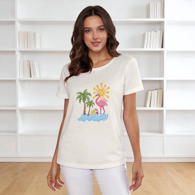 Tropical Flamingo Palm Print T-Shirt for Women Summer Casual Wear