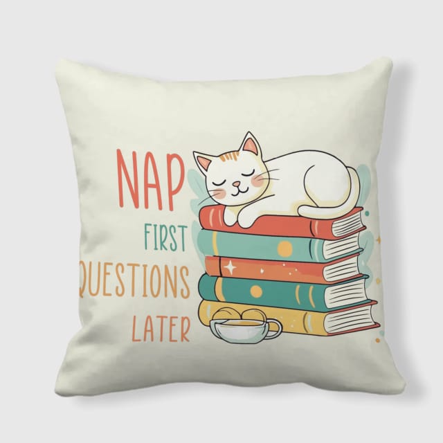 Funny Cat Nap Quote Throw Pillow for Book Lover Gifts