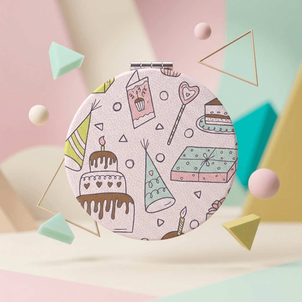 Birthday-Themed PU Compact Mirror | Round Pocket Makeup Mirror - Perfect Gift for Her