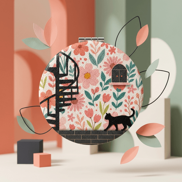 Floral Cat Pocket Makeup Mirror - PU Compact Mirror (Round/Heart/Square) | Gift for Cat Lovers